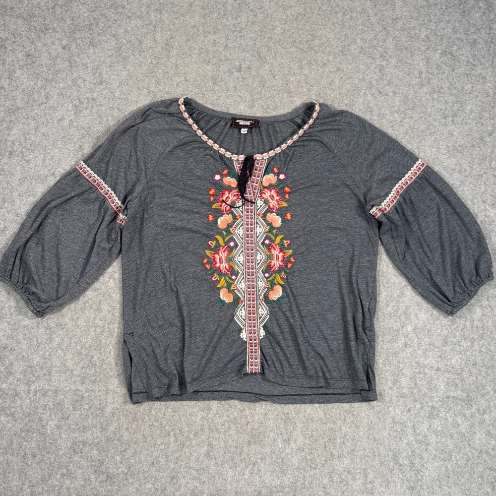 Johnny Was Gray Embroidered Juliene 3/4 Sleeve Peasant Blouse Women's Size Large